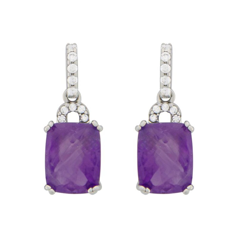 Cushion Cut Genuine African Purple Amethyst Drop Earrings with Crystal Accents